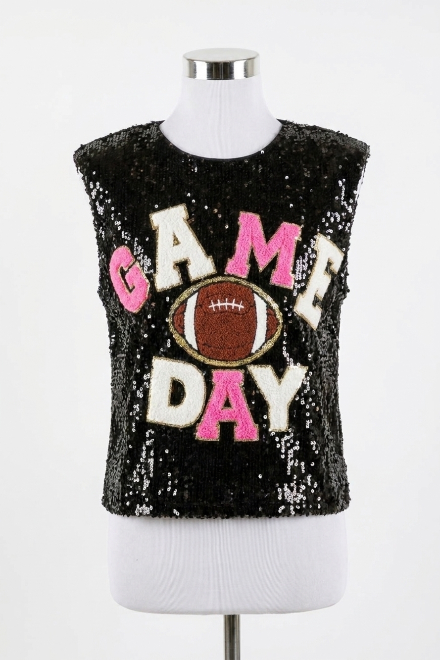 NEW BIBI touch down sequins game day tank tops in black/pink